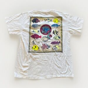Vintage Hawaii Shirt Mens L Fishes of Hanauma Bay 90s 80s White Cotton Surf